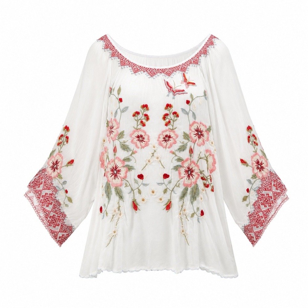 Johnny Was White Floral Embroidered Tunic with Pink and Red Accents